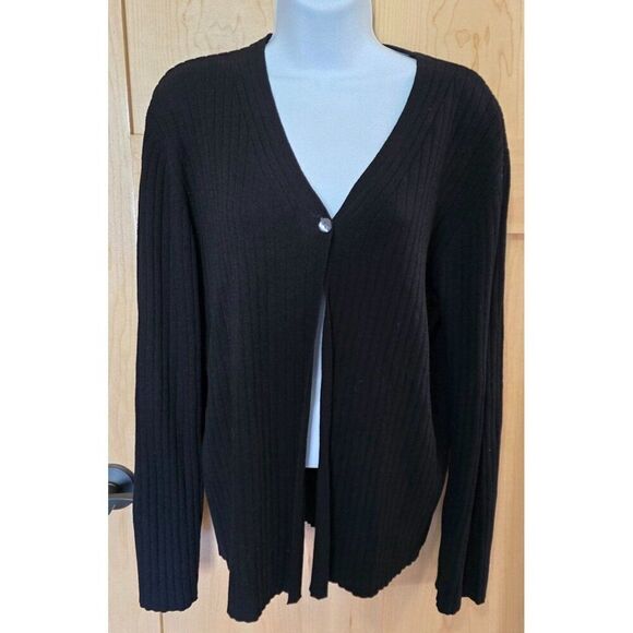 Ribbed Black V-Neck Cardigan Sweater W/ Single Button Closure For Women - Picture 2 of 10
